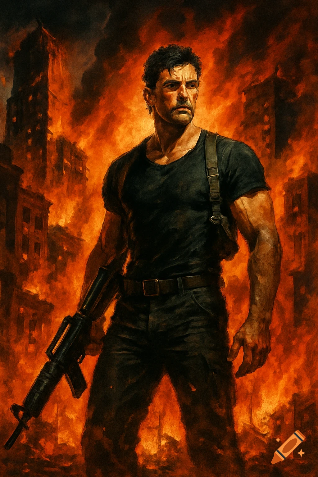 Man with a gun standing in front of burning buildings, action movie poster style