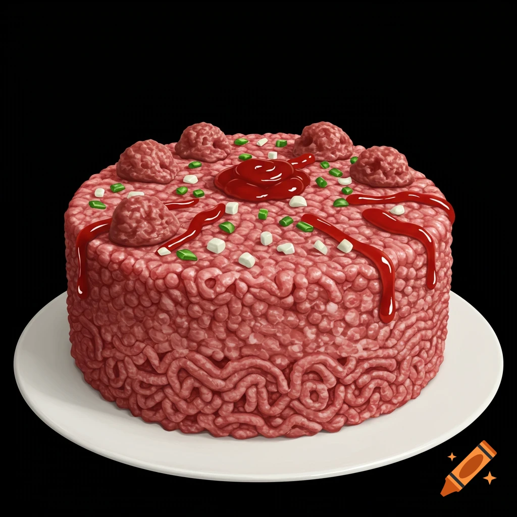 A gross cake made of ground meat topped with meatballs, ketchup, and vegetables on a white plate.
