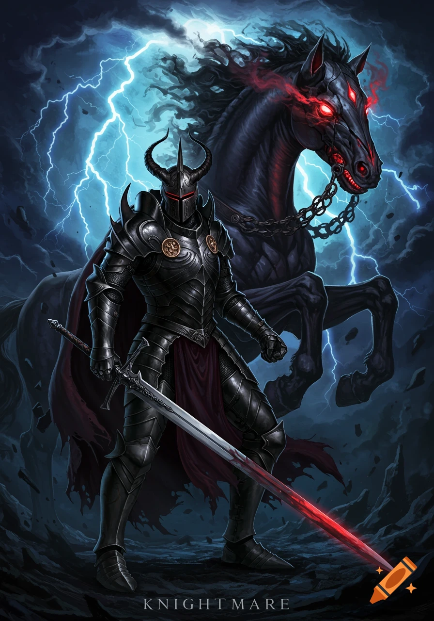 Dark fantasy illustration of an armored knight with a sword and a black horse with red eyes against a stormy, lightning sky.