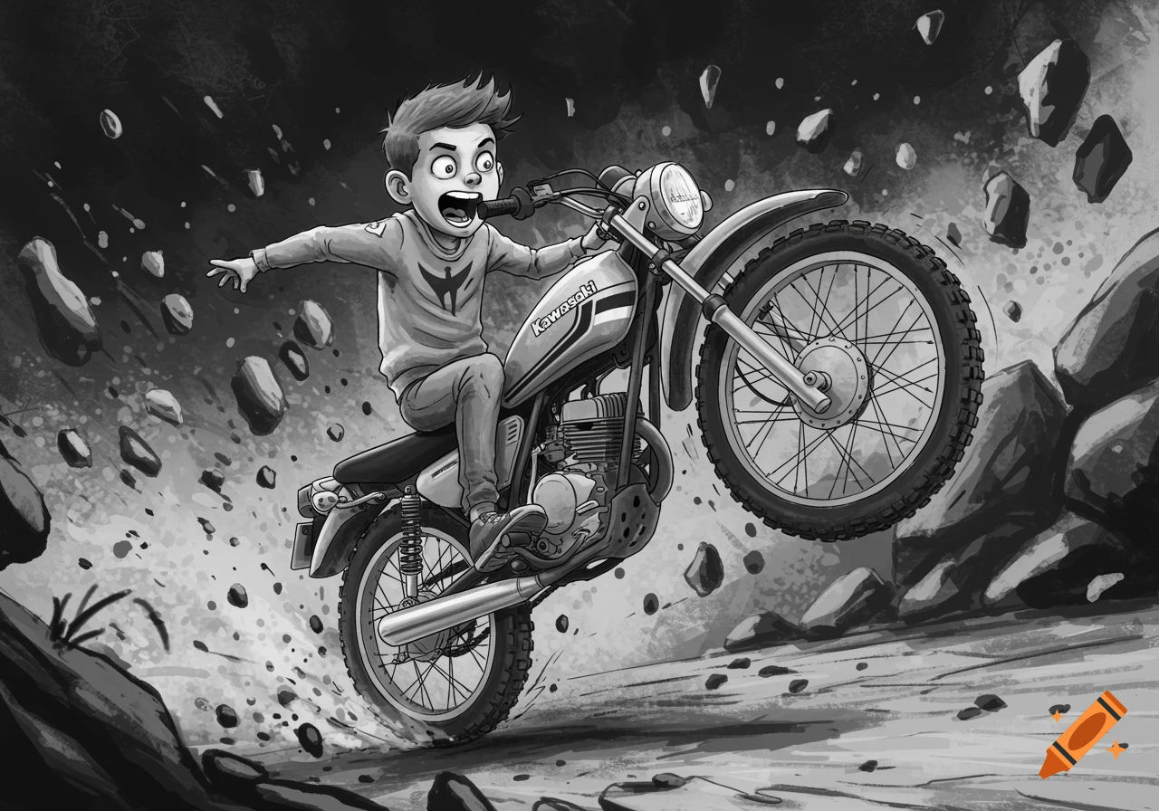 Black and white illustration of a boy on a Kawasaki dirt bike doing a wheelie with rocks flying.