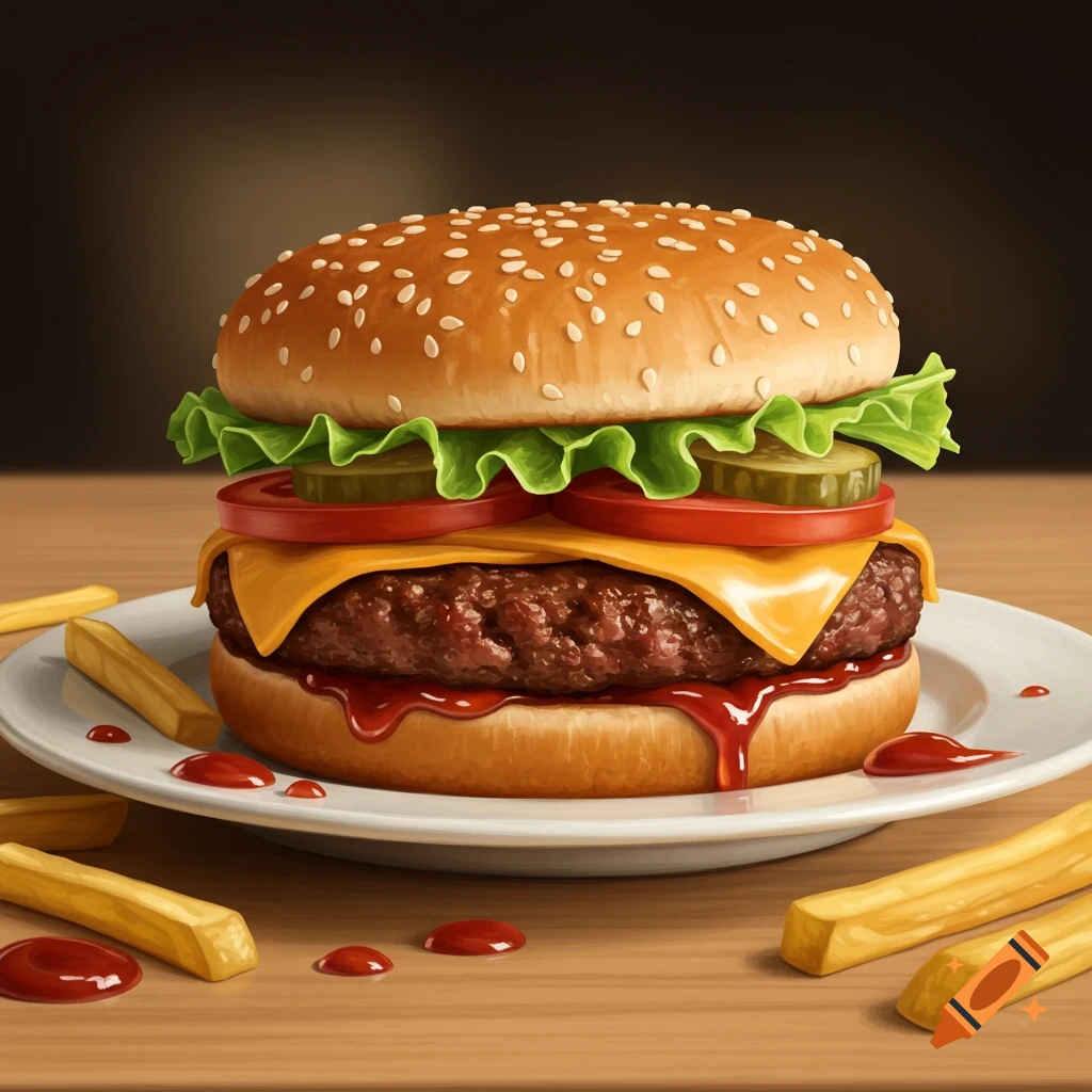 A close-up of a hamburger on a plate with french fries and ketchup.