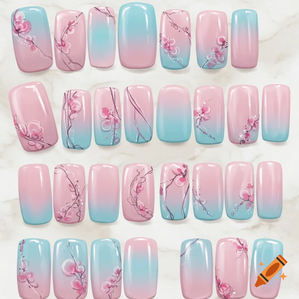 Multiple artificial nails with pink and blue gradient and floral art.