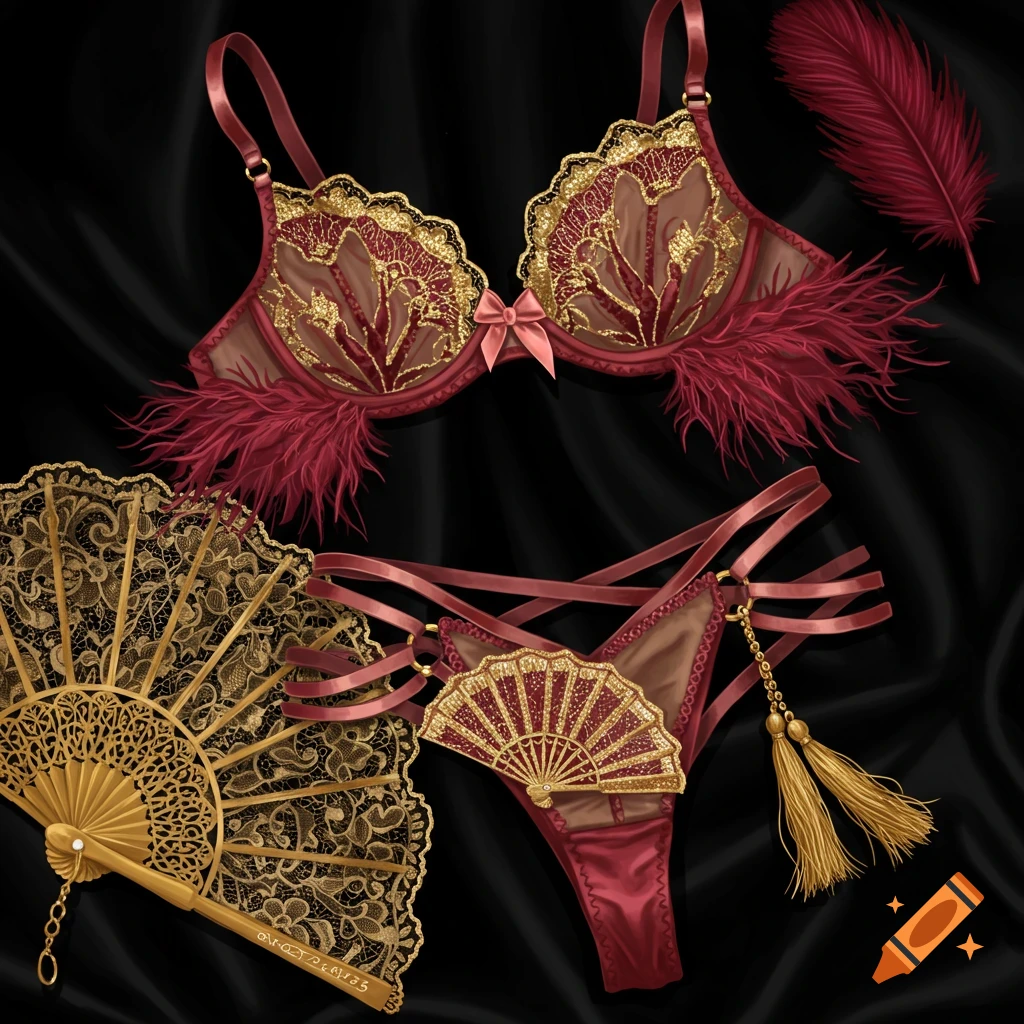 Red and gold lingerie set with feathers and fan motifs, displayed with fans on black fabric.