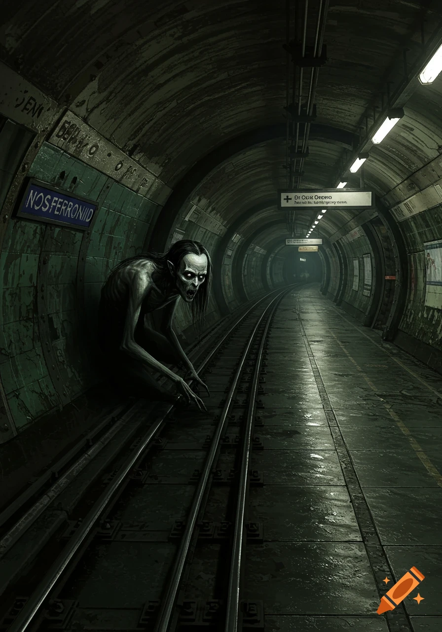 A gaunt, pale creature with fangs and long hair crouches on the tracks in a dark, wet subway tunnel.