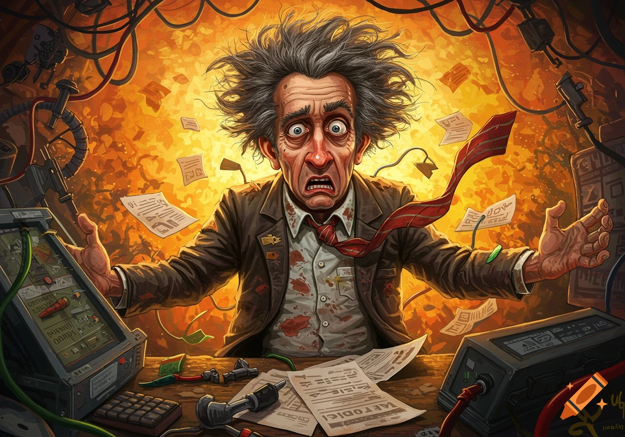 Illustration of a stressed man with wild hair amidst wires and chaotic desk