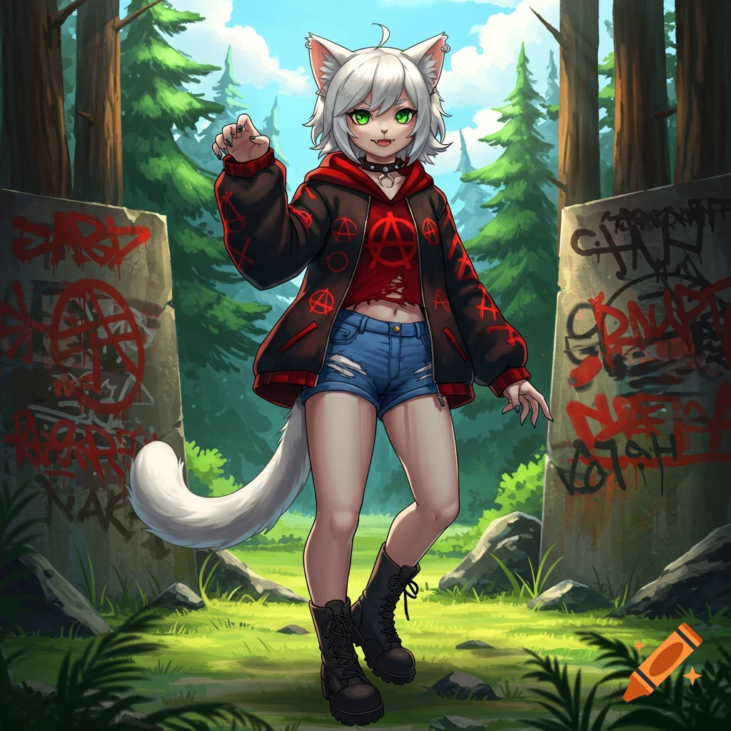 Anime catgirl in anarchist clothing stands between graffiti-covered stones in a forest.