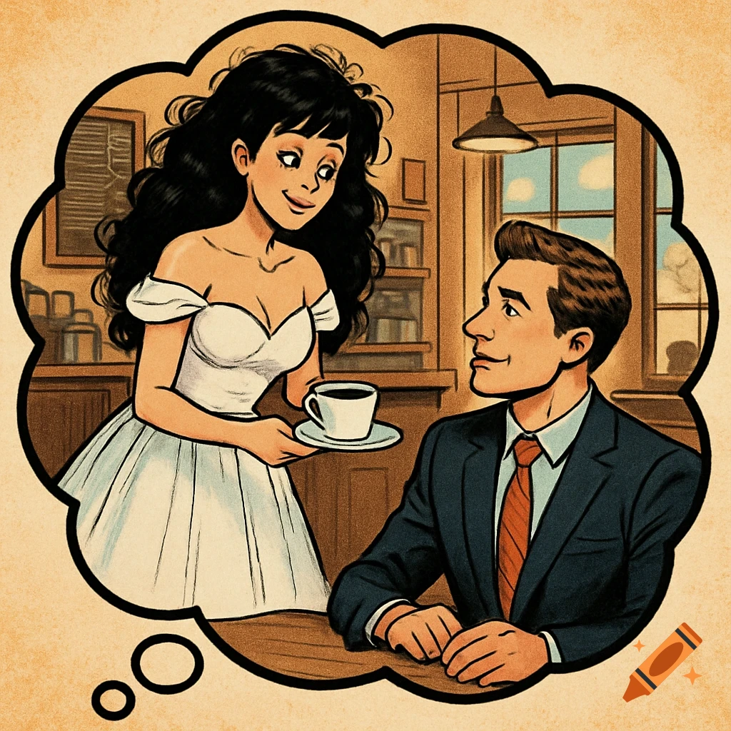 Comic art illustration of a woman in a wedding dress serving coffee to a man in a suit inside a thought bubble.
