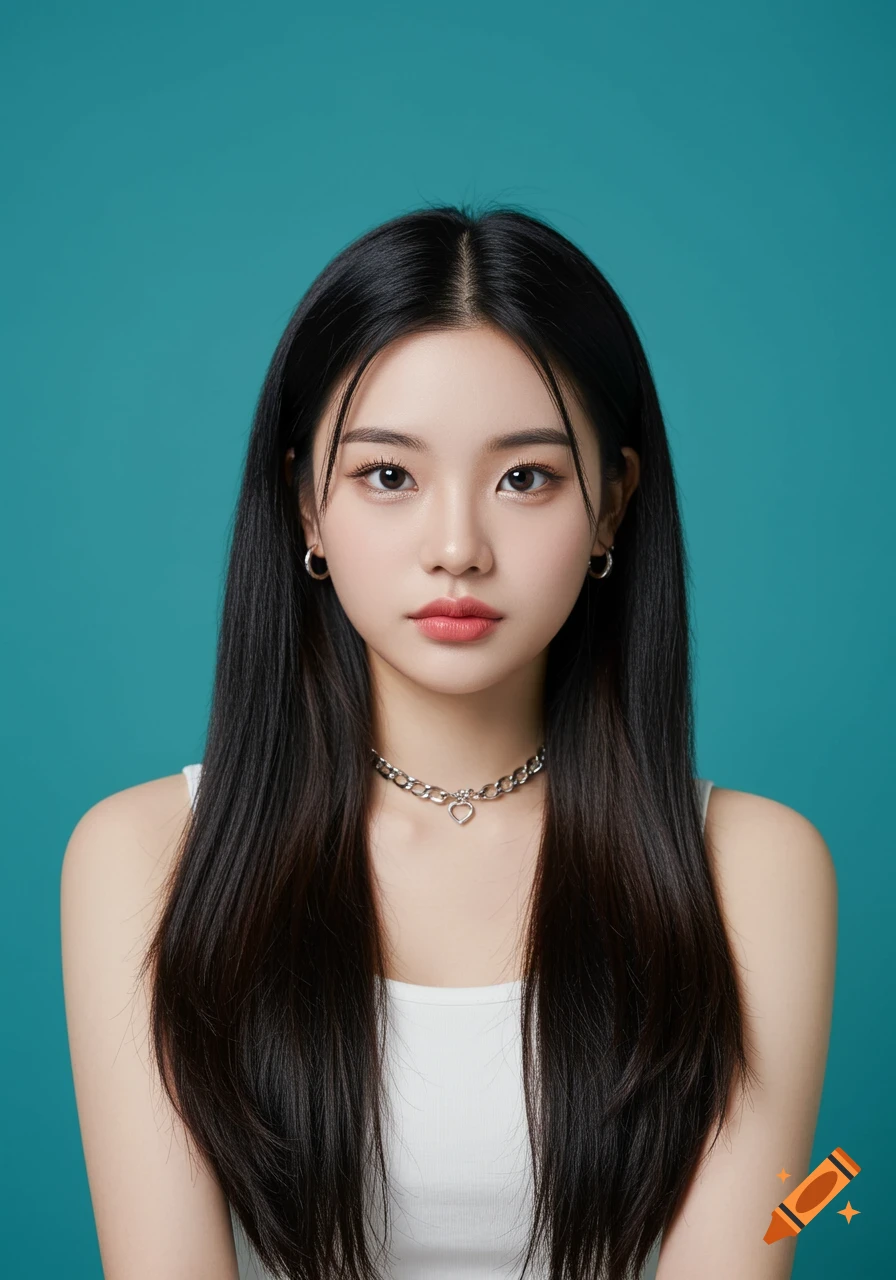 Headshot of a young woman with long dark hair wearing a white tank top and necklace against a blue background.