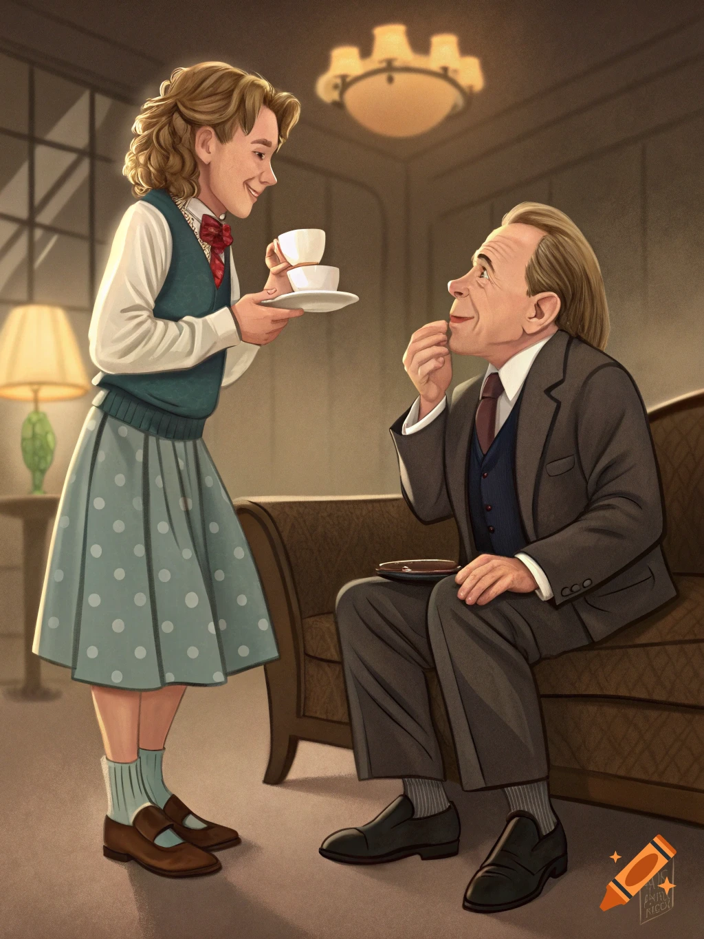 Illustration of a young person in a polka dot skirt serving tea to a man in a suit.