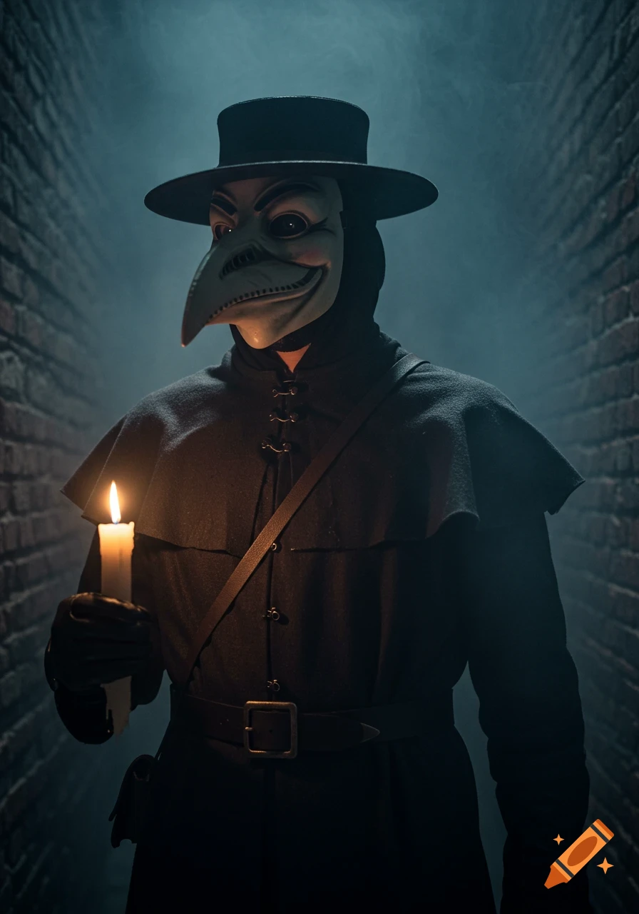 Person wearing a Guy Fawkes plague doctor mask and costume, holding a candle in a dark alley.