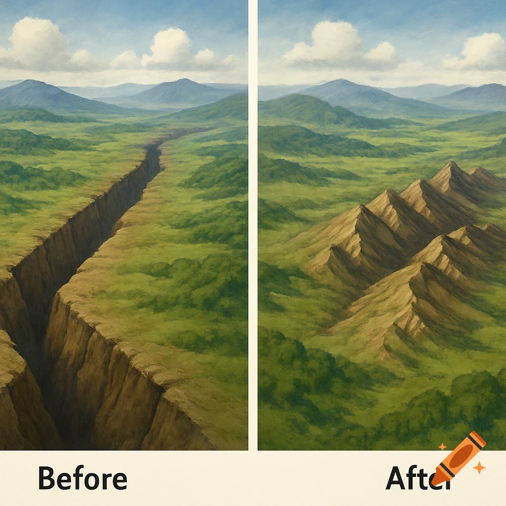 Split screen landscape painting showing a deep chasm 'Before' and mountains 'After'.