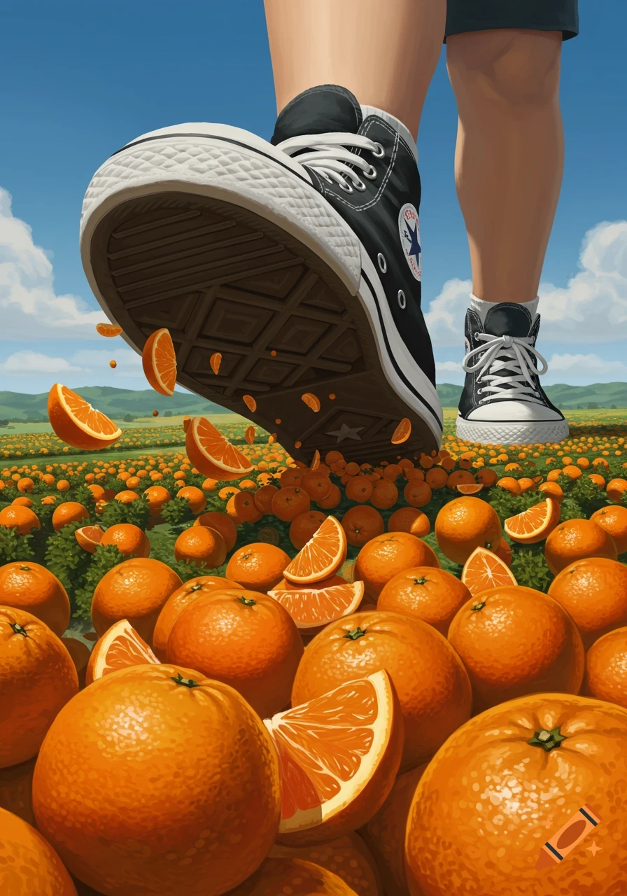 A giant person in Converse sneakers stomps across a field of oranges, crushing them.