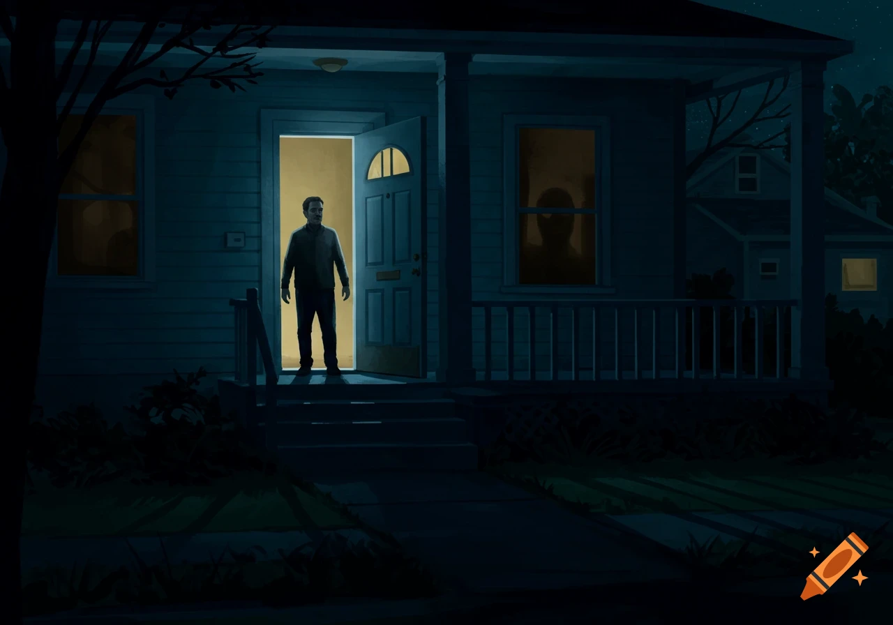 Illustration of a man returning home at night to an open door with a mysterious shadow figure in the window.