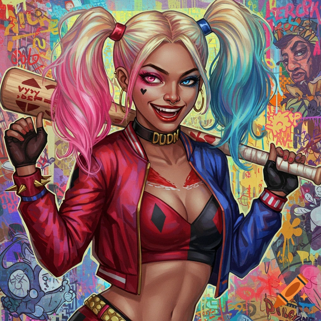 Illustration of Harley Quinn holding a baseball bat against a colorful graffiti background.