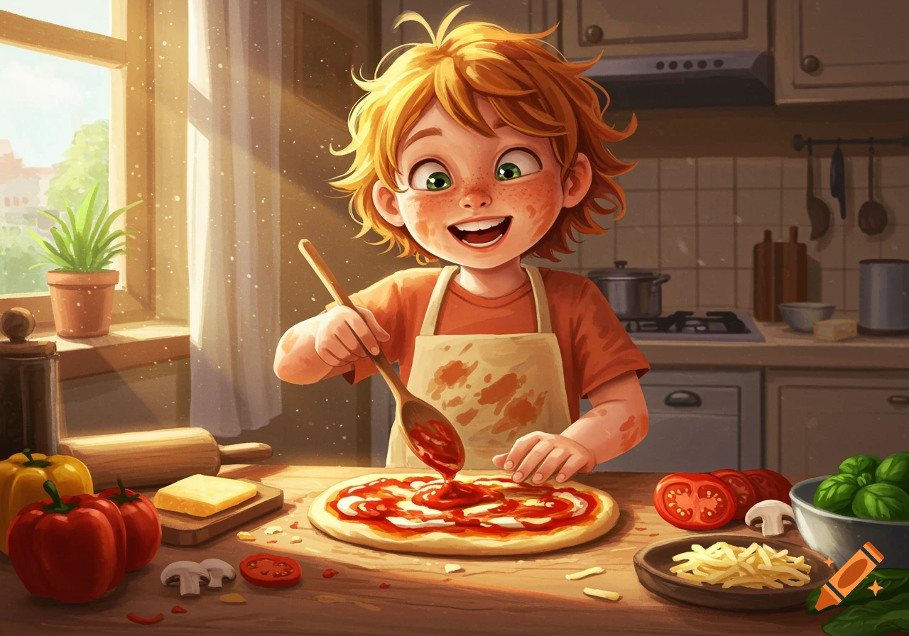 Child spreading sauce on pizza dough in a bright kitchen.