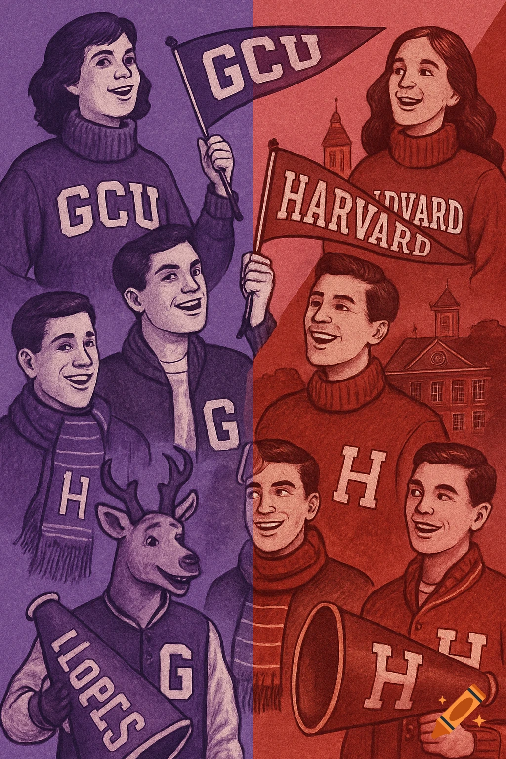 Vintage illustration of college students & mascots on purple (GCU) and red (Harvard) sides, holding banners & megaphones.