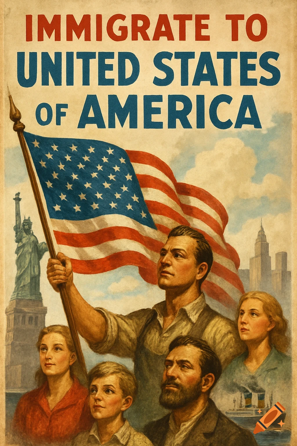 Vintage propaganda poster: family with US flag, Statue of Liberty, skyscrapers. Text: "IMMIGRATE TO UNITED STATES OF AMERICA".
