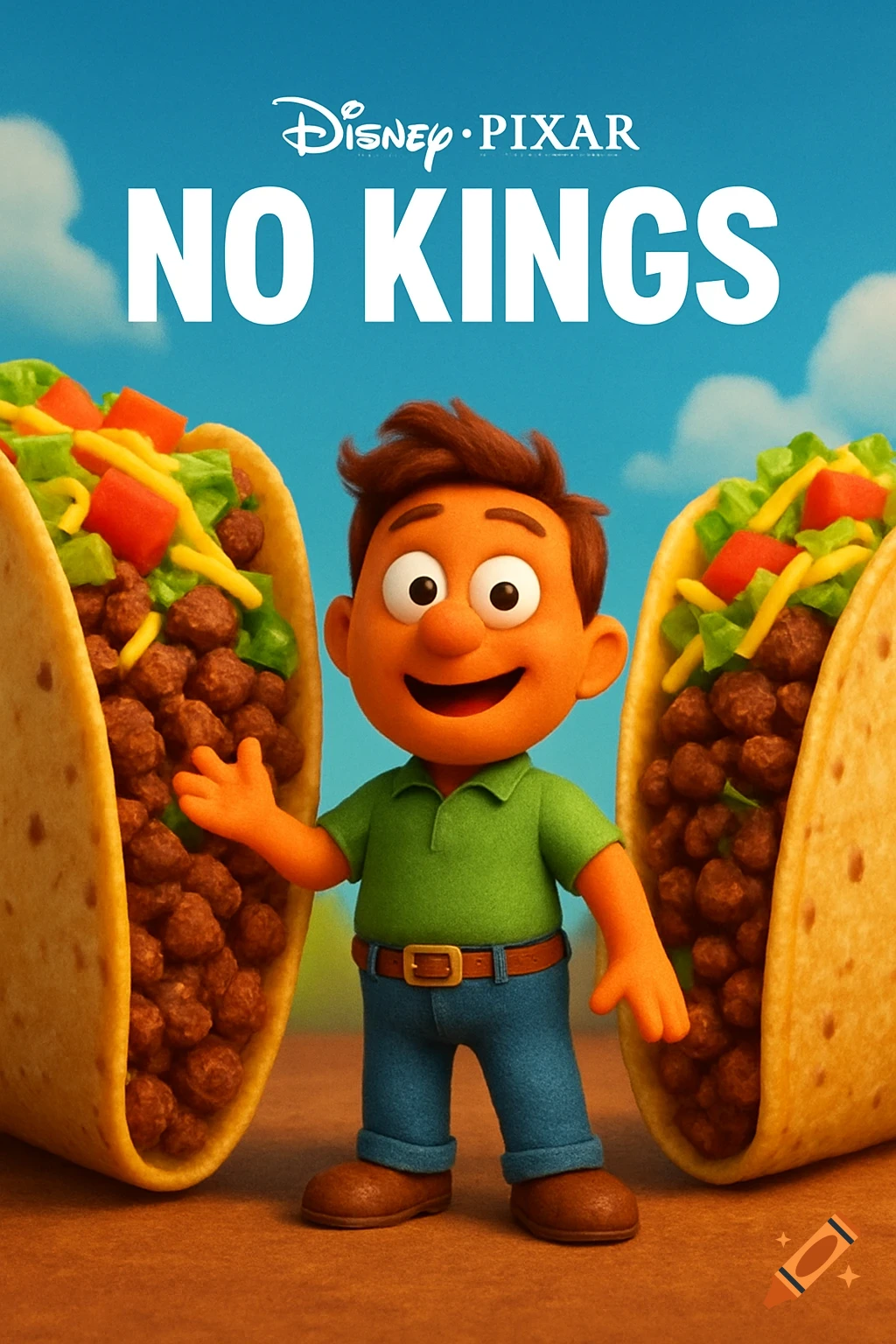 3D animation movie poster for 'NO KINGS' featuring a cartoon boy and two giant tacos.