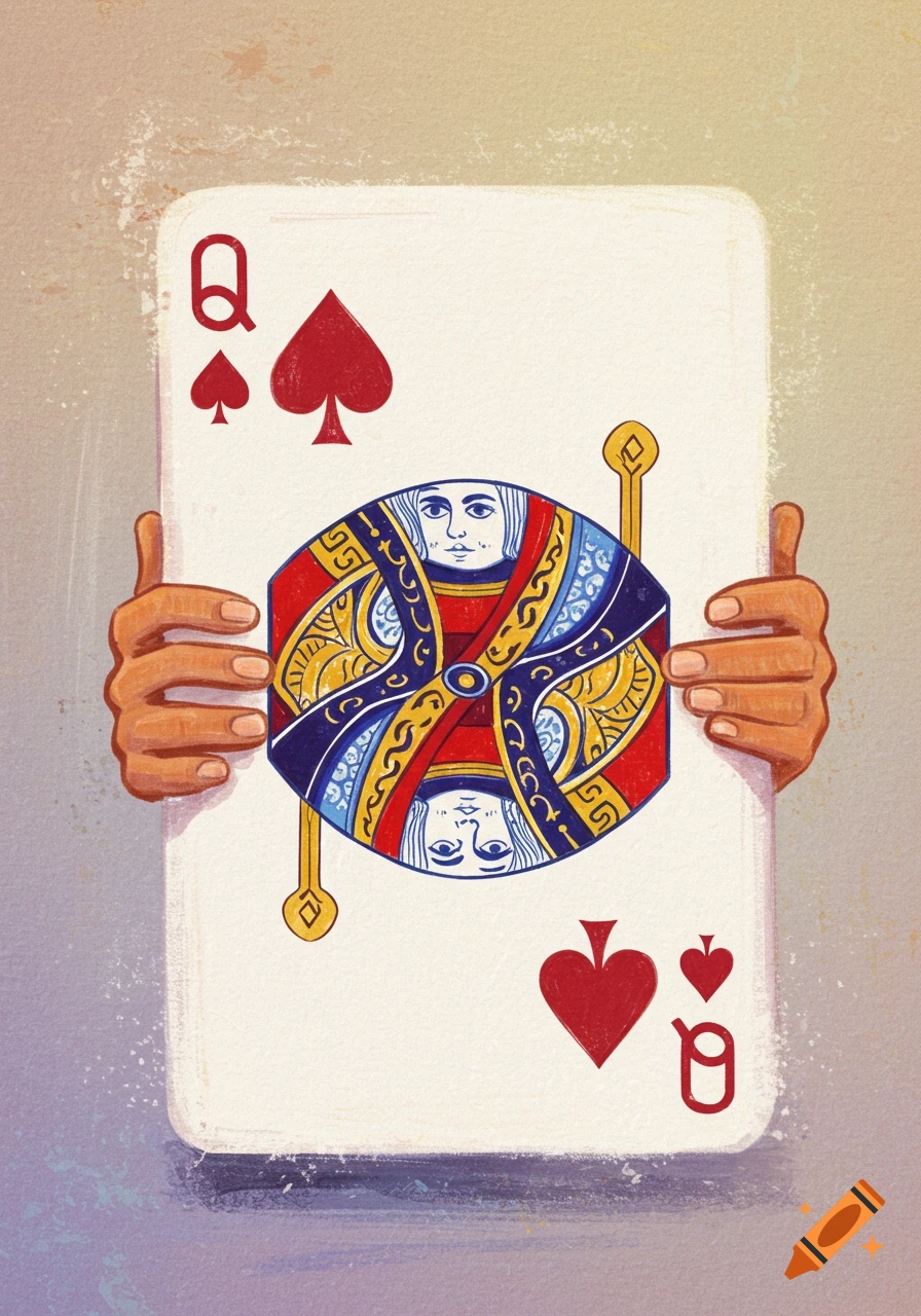 Hands hold a Queen of Spades playing card in an illustration style.