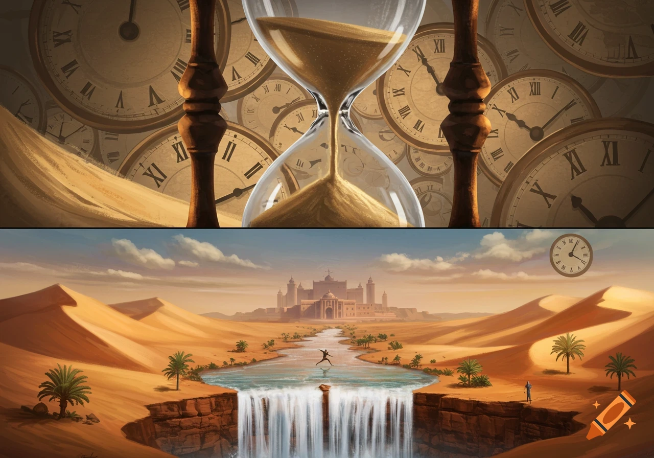 Split image: top is hourglass and clocks, bottom is desert landscape with river, waterfall, temple, and person.