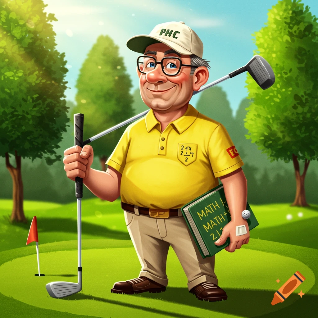 Cartoon man dressed as a golfer and math teacher on a golf course.