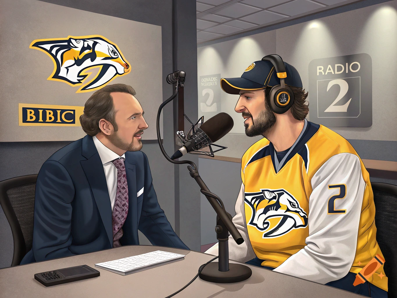 Two men, one in a suit and one in a hockey jersey, sit at a table with microphones for a radio interview in a studio.