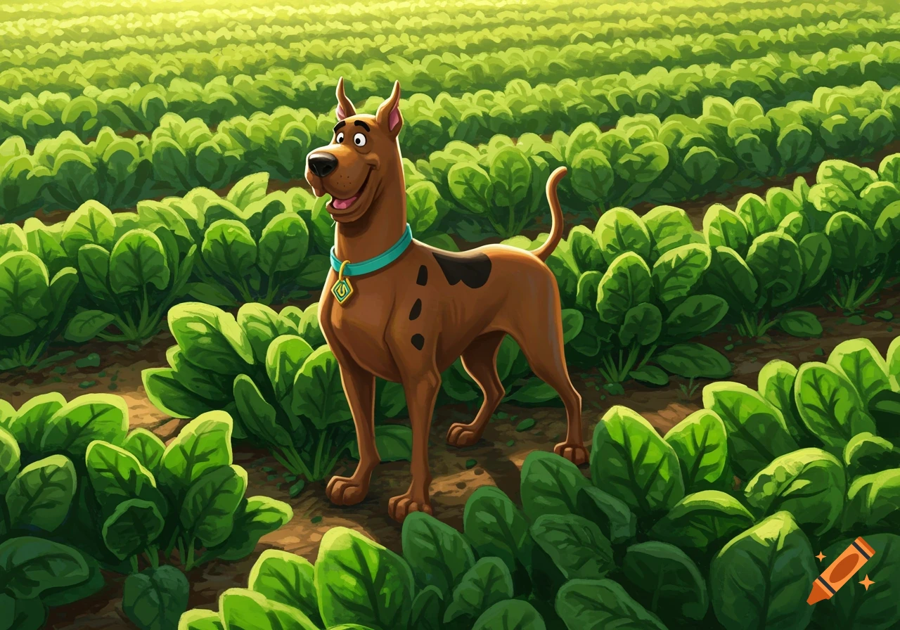 Cartoon illustration of Scooby Doo standing in a lush green spinach field