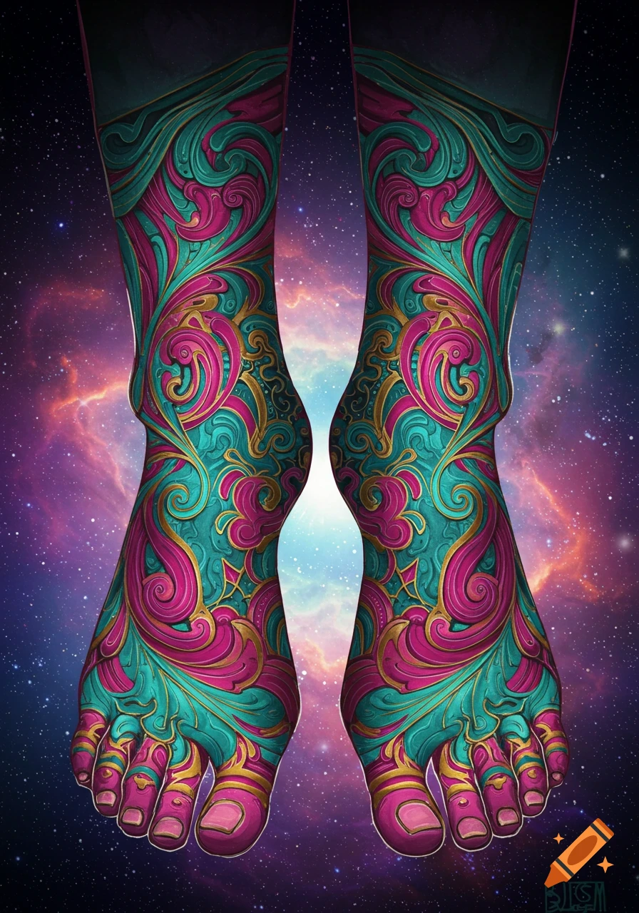 Two legs and feet covered in ornate pink, teal, and gold patterns against a galaxy background.