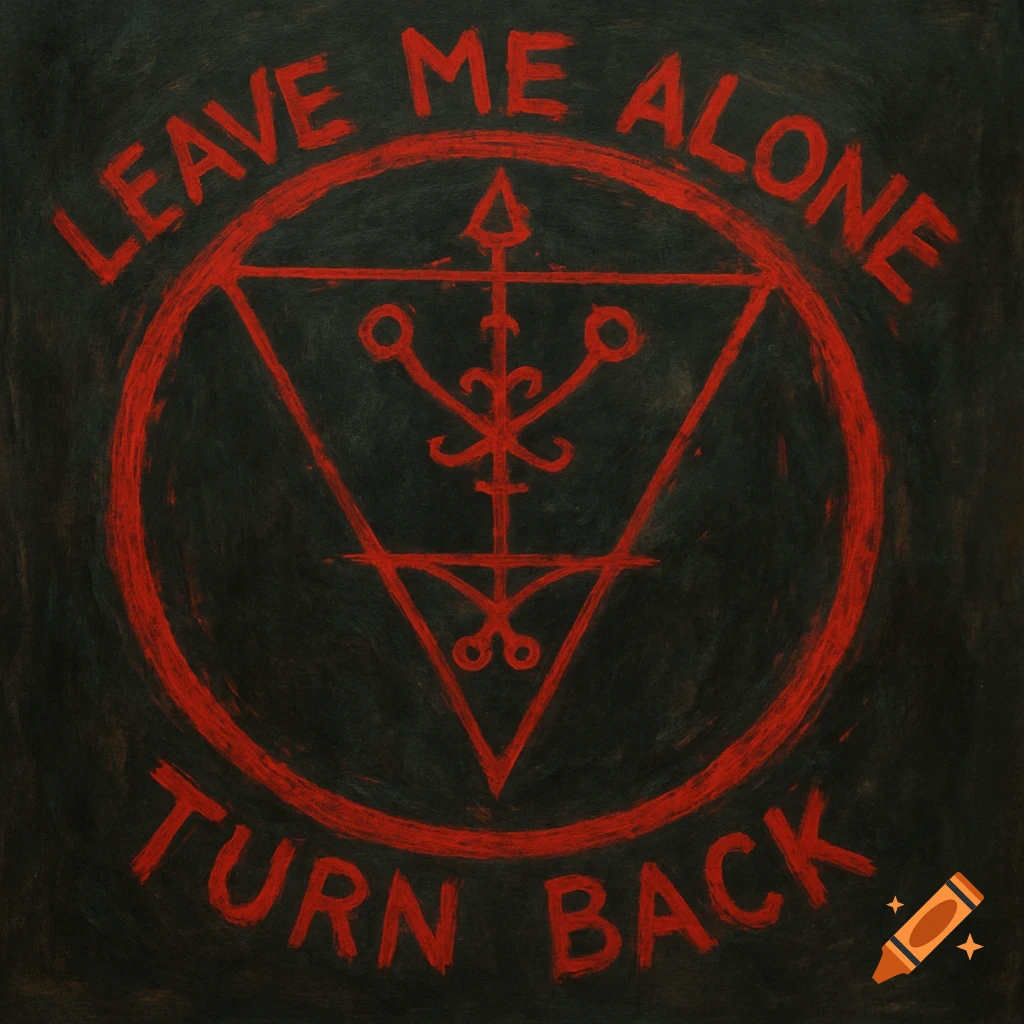 Red sigil in circle and triangle with 'LEAVE ME ALONE TURN BACK' text