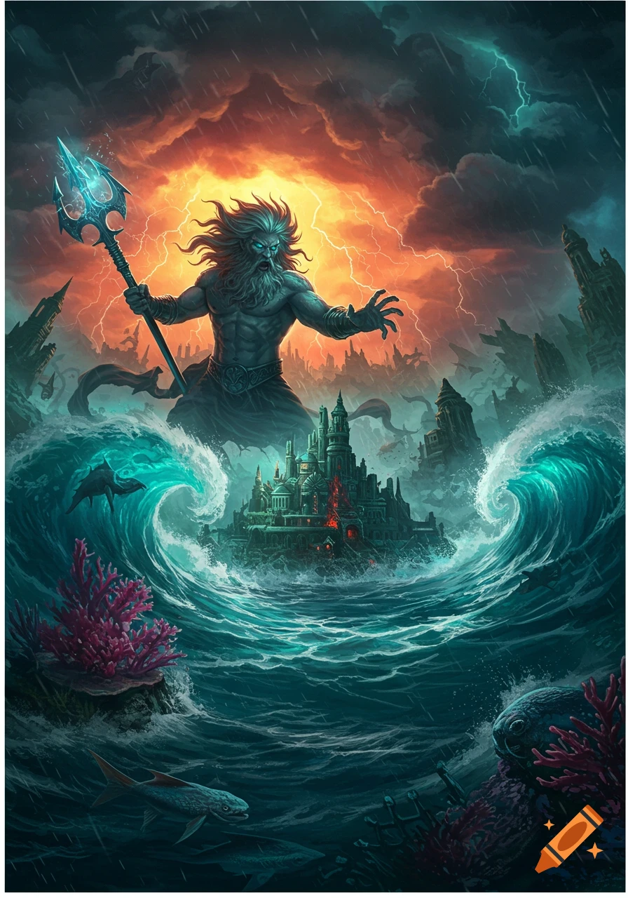 Mythical sea god with a trident rising from stormy waves over a sinking underwater city.