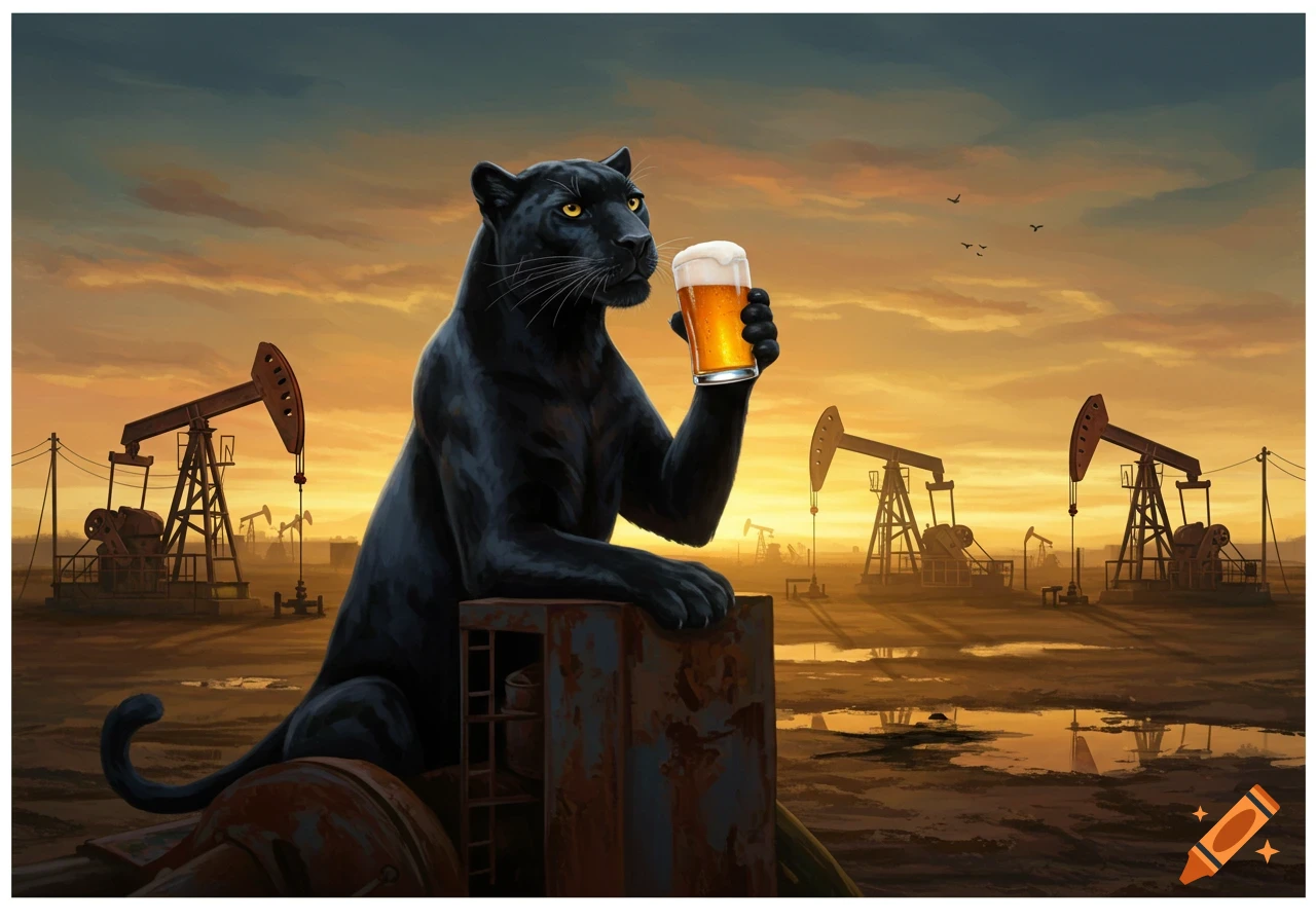 A black panther holds a glass of beer in an oil field at sunset.