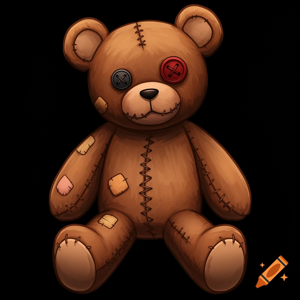 A stylized, worn teddy bear with stitches and patches, one black button eye and one red button eye, sits on a black background.