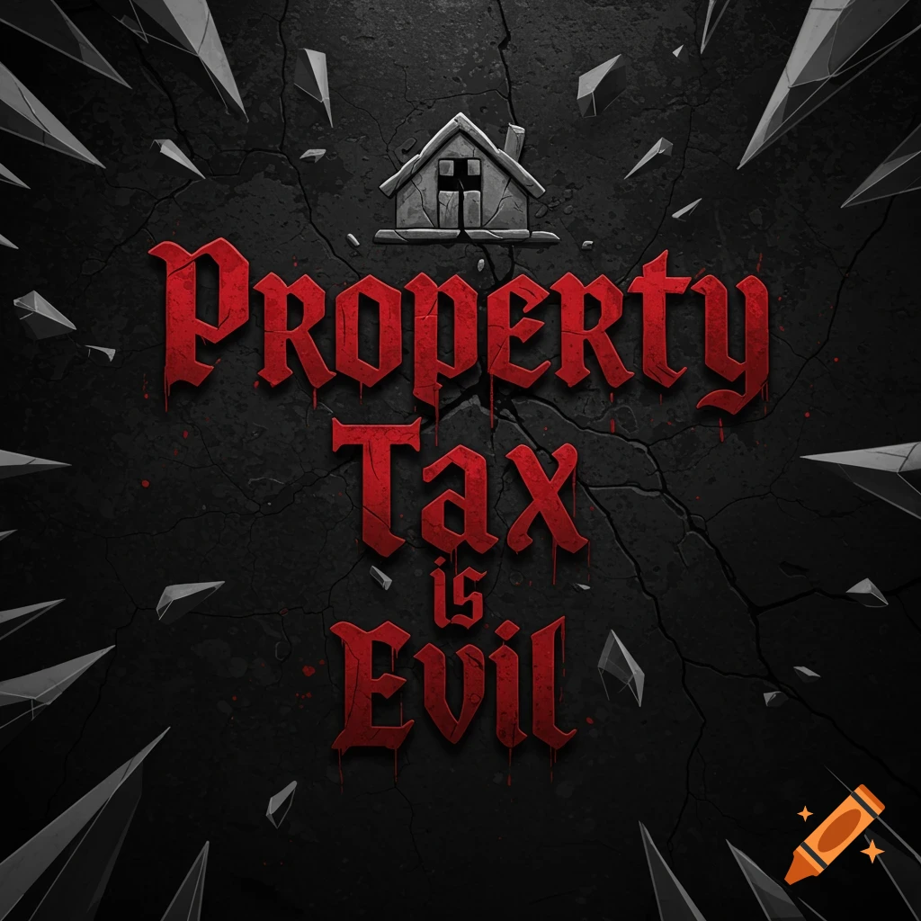 The text "Property Tax is Evil" in dripping red gothic letters on a dark, cracked background with sharp shards.