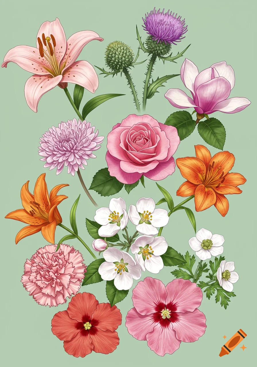Illustration of a bouquet of various flowers including lilies, roses, thistle, and magnolia on a green background.