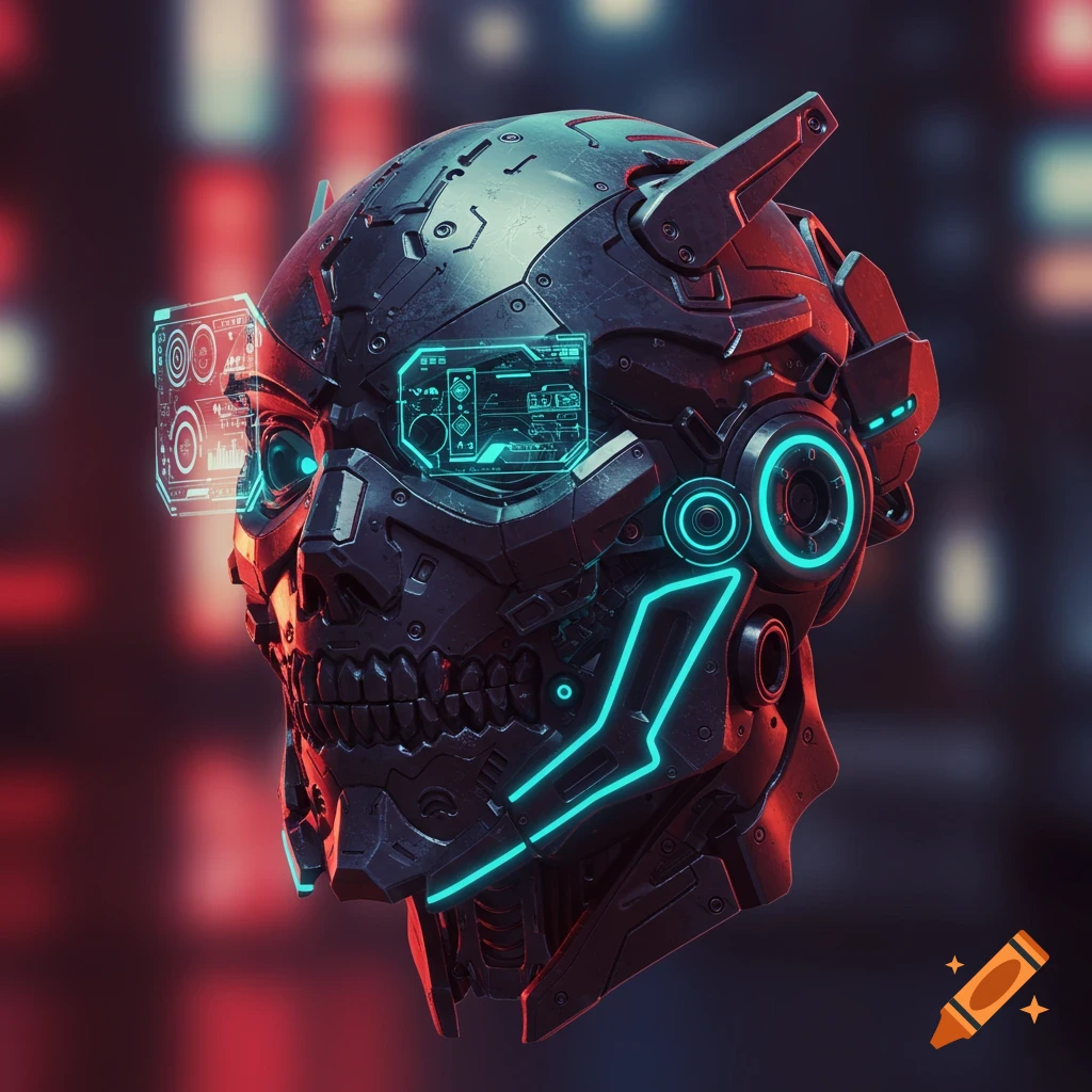 A detailed cyberpunk cybernetic skull mask with glowing blue accents and holographic displays