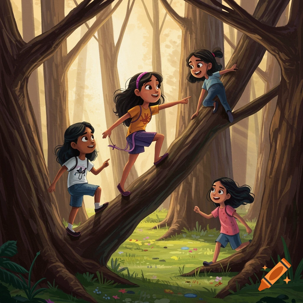 Illustration of four girls climbing on a large tree branch in a sunny forest.