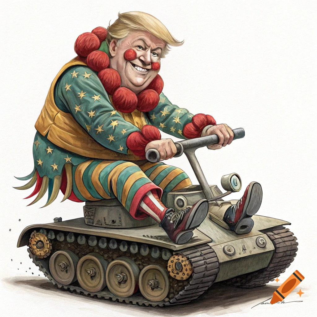 Caricature illustration of Donald Trump dressed as a clown riding a small tank.
