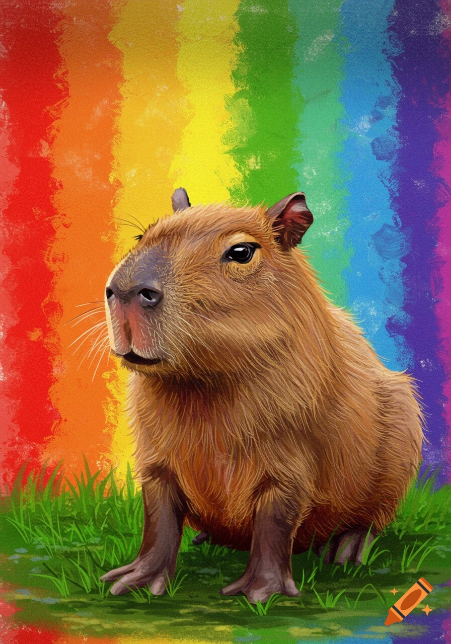 An illustration of a capybara in front of a rainbow background.