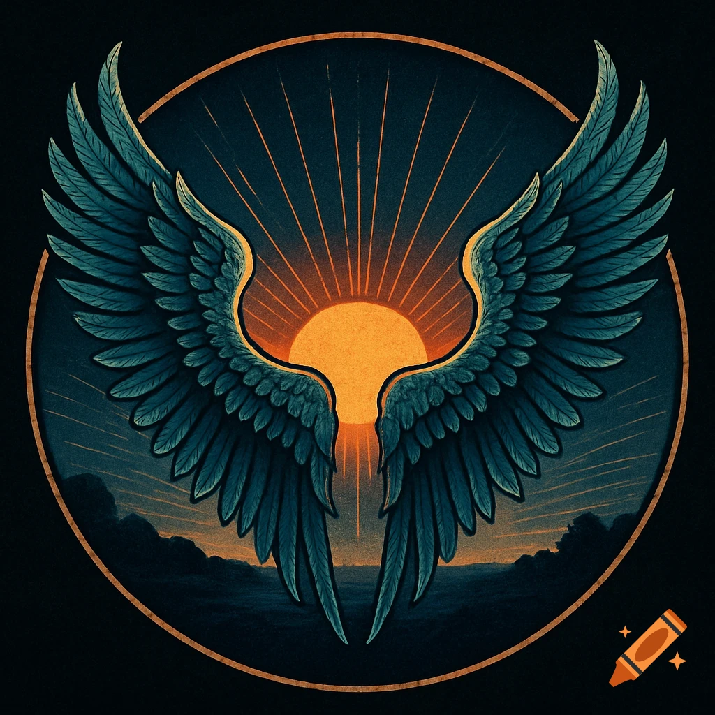 Large wings spread before a rising sun, set within a circular logo border against a dark background.
