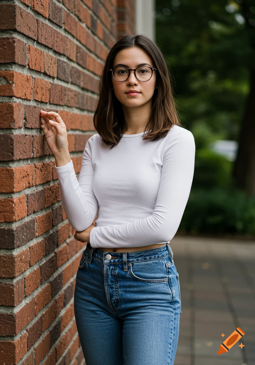 A young woman wearing glasses, a white shirt, and jeans leans against a brick wall outdoors.