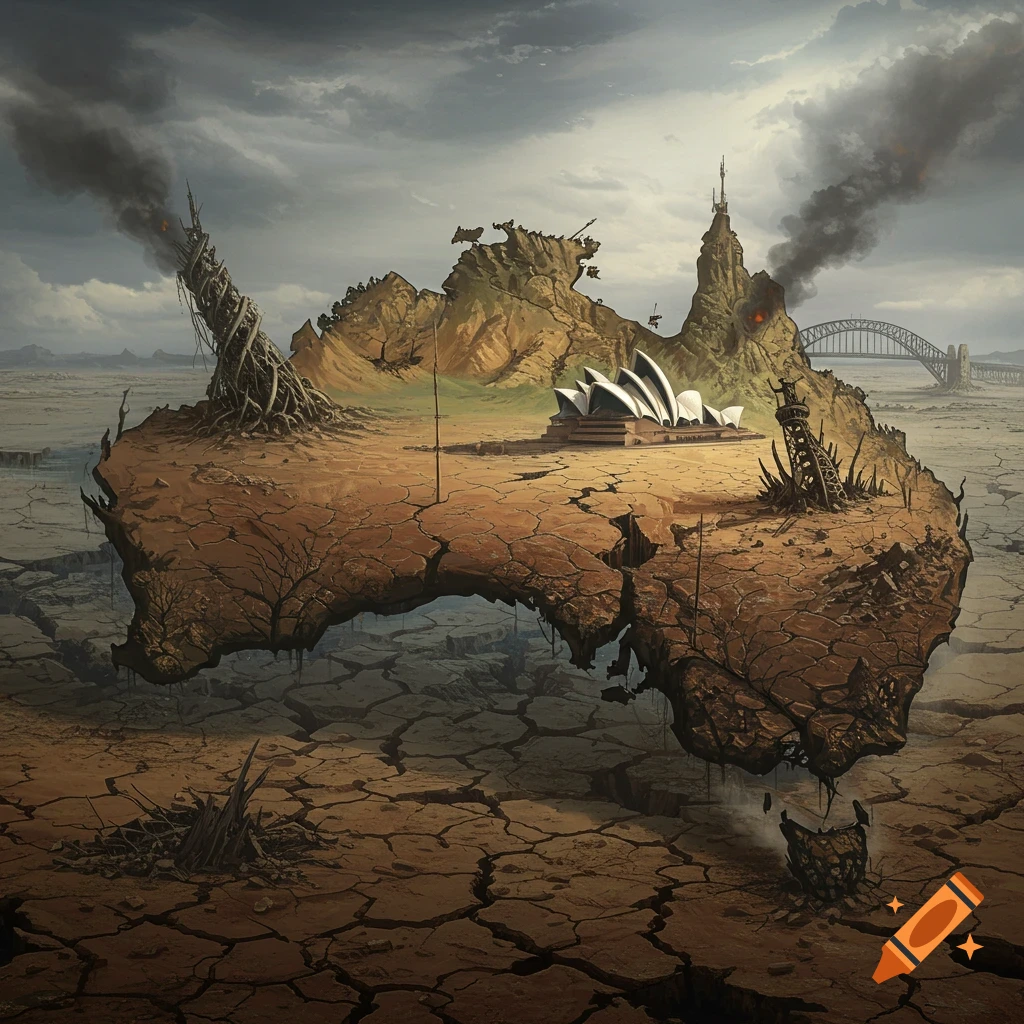 Apocalyptic depiction of Australia as a floating cracked landmass with ruined Opera House and Harbour Bridge over a dry, cracked earth.