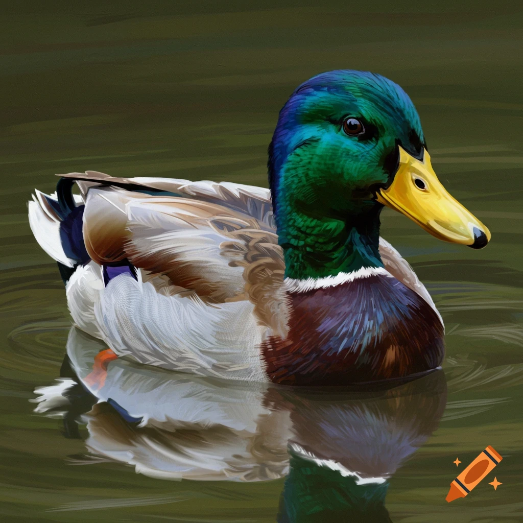 Realistic painting of a mallard duck floating on water, showing its green head and brown body, with a reflection.