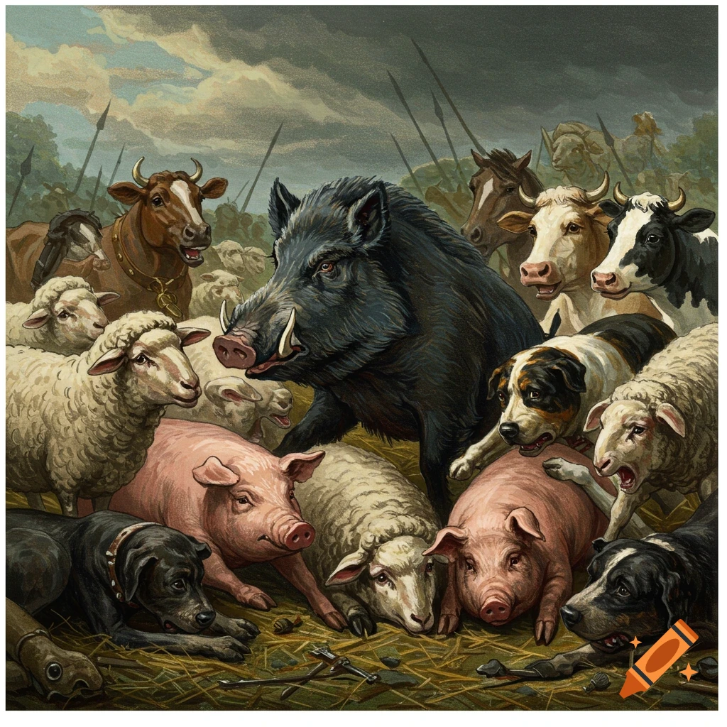 A large boar is surrounded by farm animals including pigs, sheep, cows, and dogs, in an illustration style.