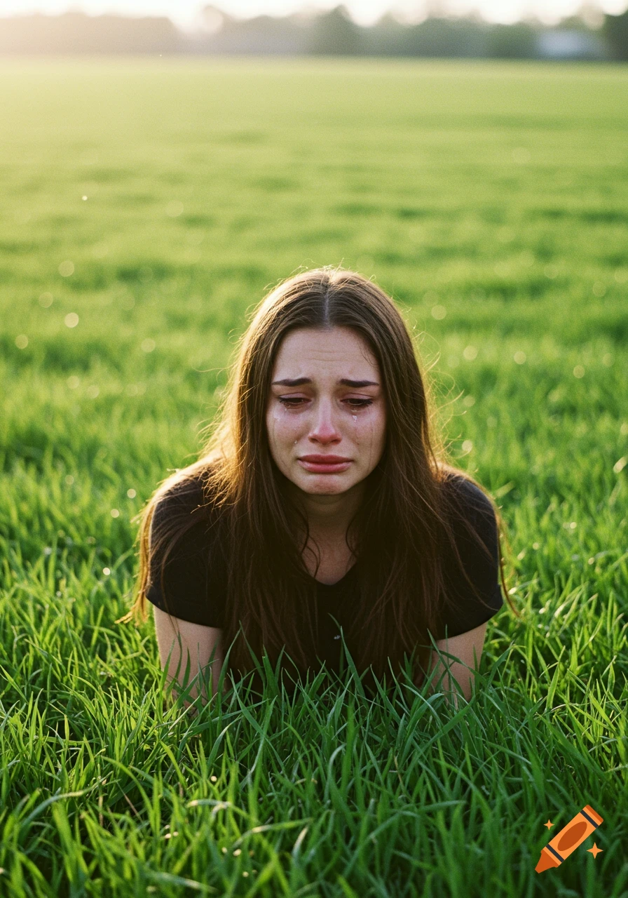 A woman cries in a grassy field at sunset.