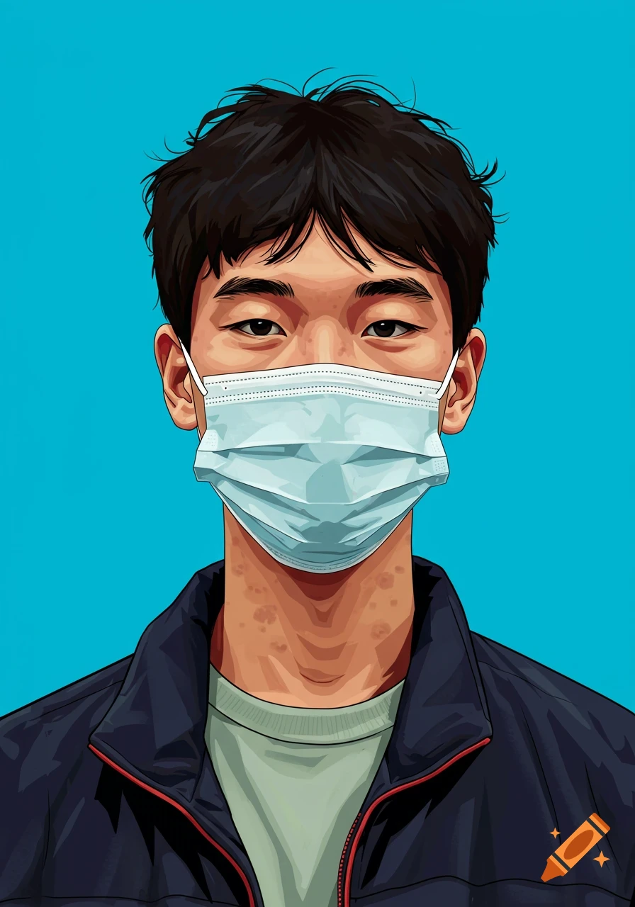 Close-up illustration of a young man wearing a blue face mask against a blue background.