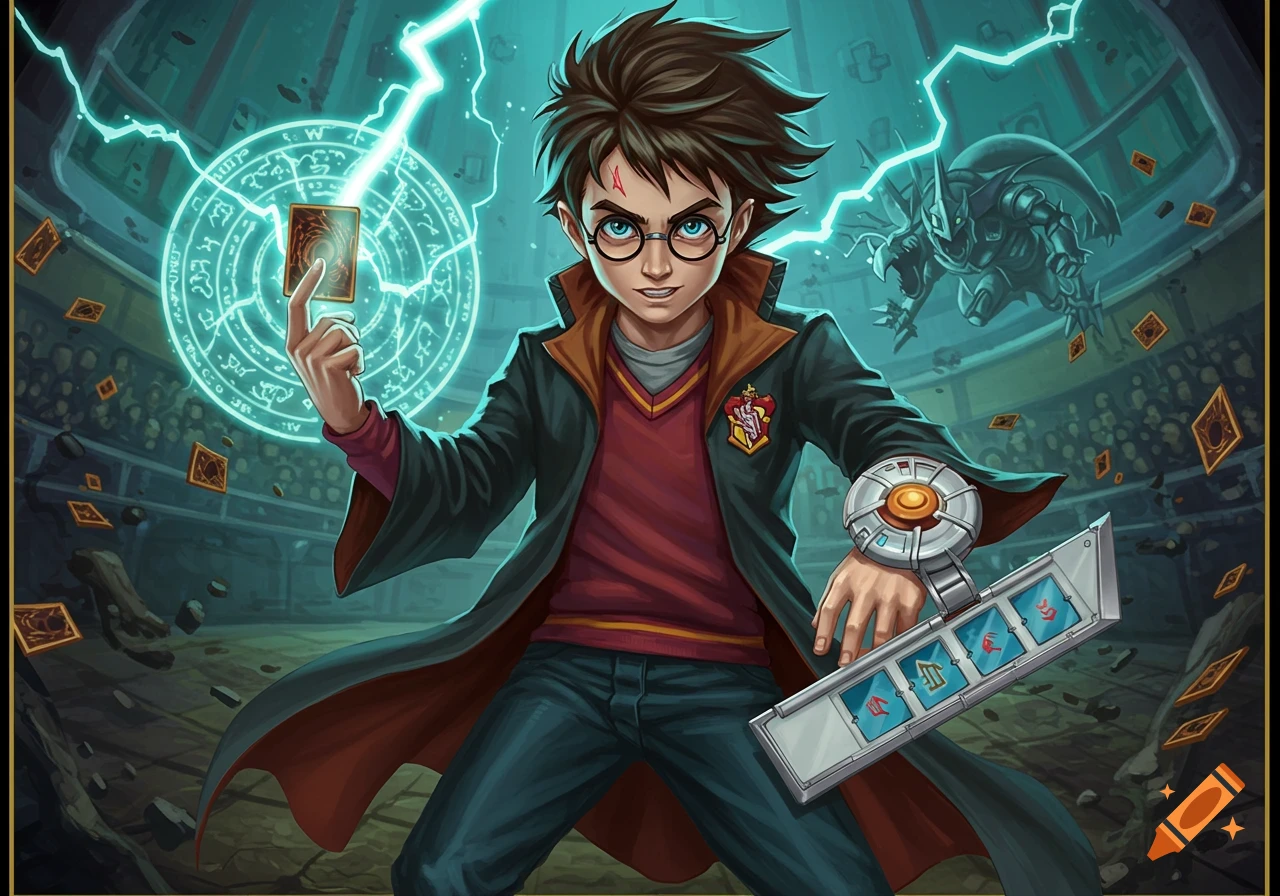 Stylized fantasy illustration of a young character wielding magic, holding a card and duelist disc, with floating cards and a monster in the background.