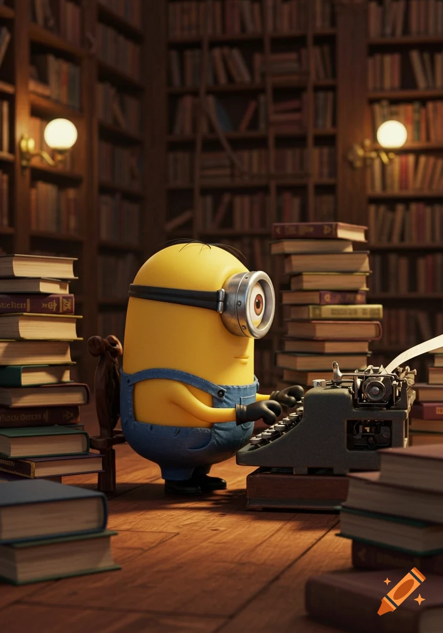 A cartoon Minion sits at a typewriter in a library surrounded by stacks of books.