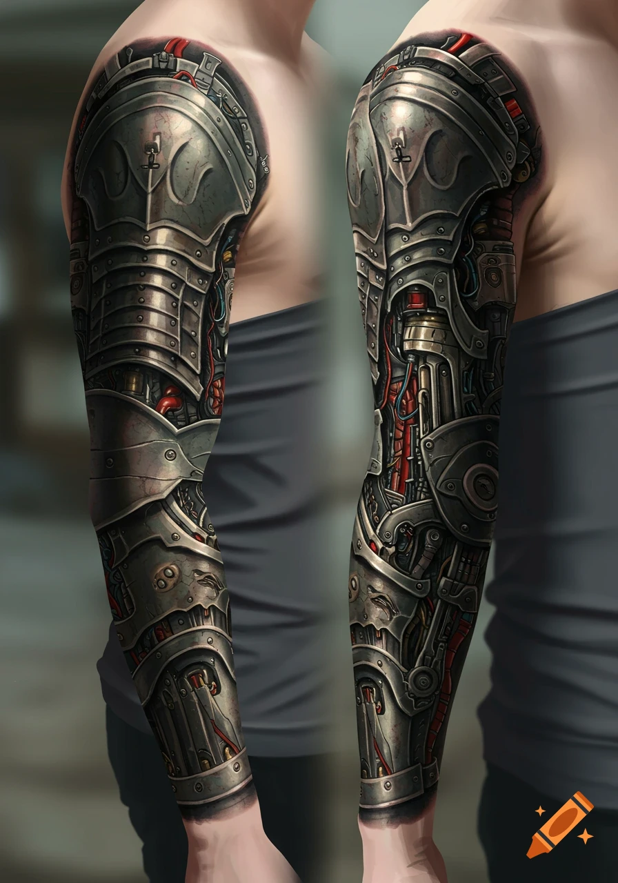 Detailed biomechanical knight armor tattoo sleeve on an arm