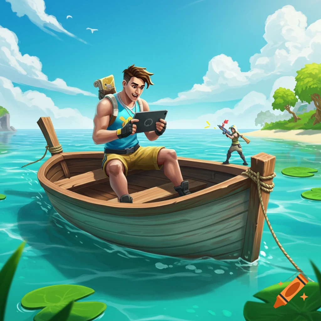 Cartoon illustration of a man playing a game on a tablet in a boat while someone shoots from a nearby island.