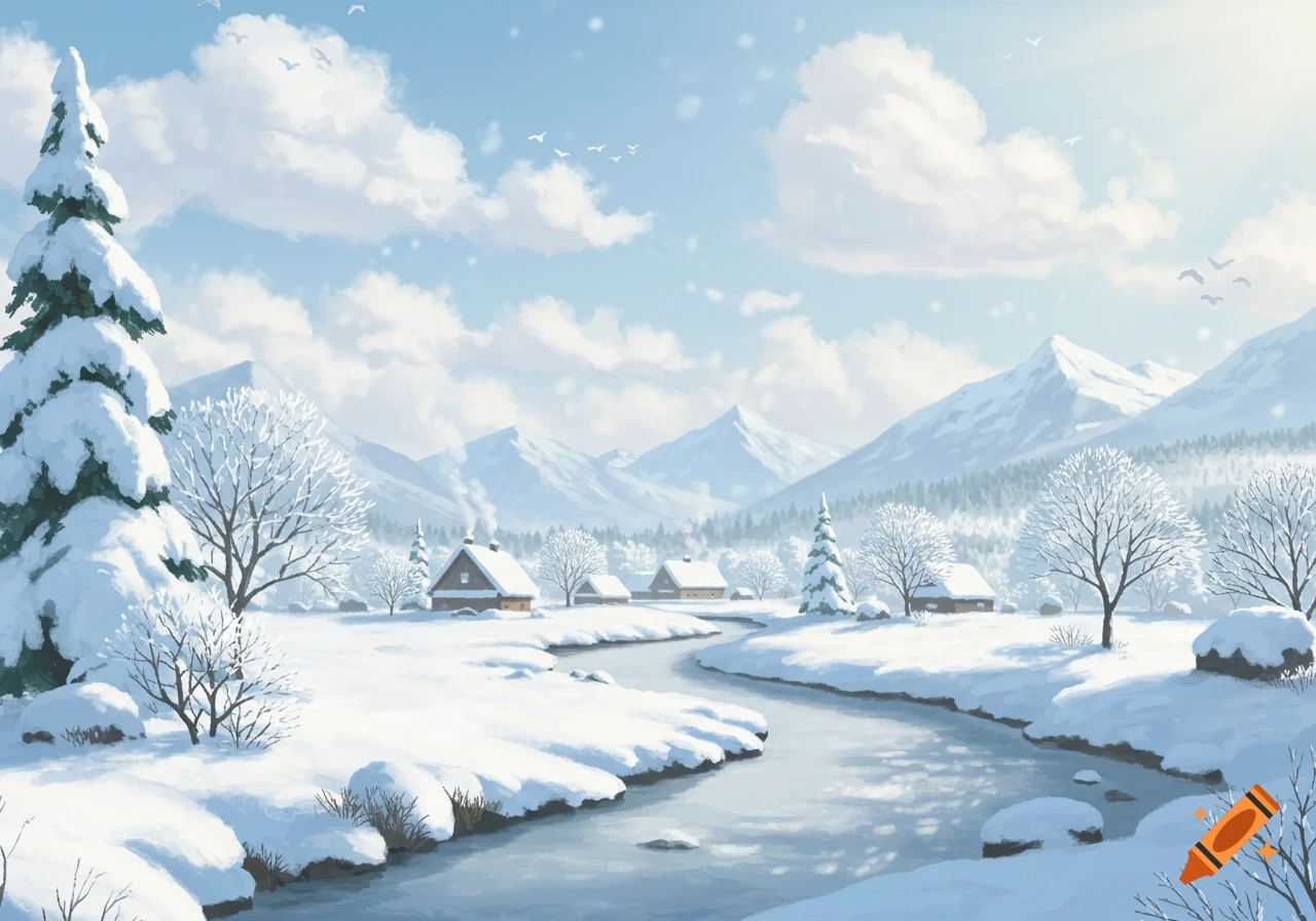 A snowy winter landscape with a winding river, small houses, snow-covered trees, and distant mountains.